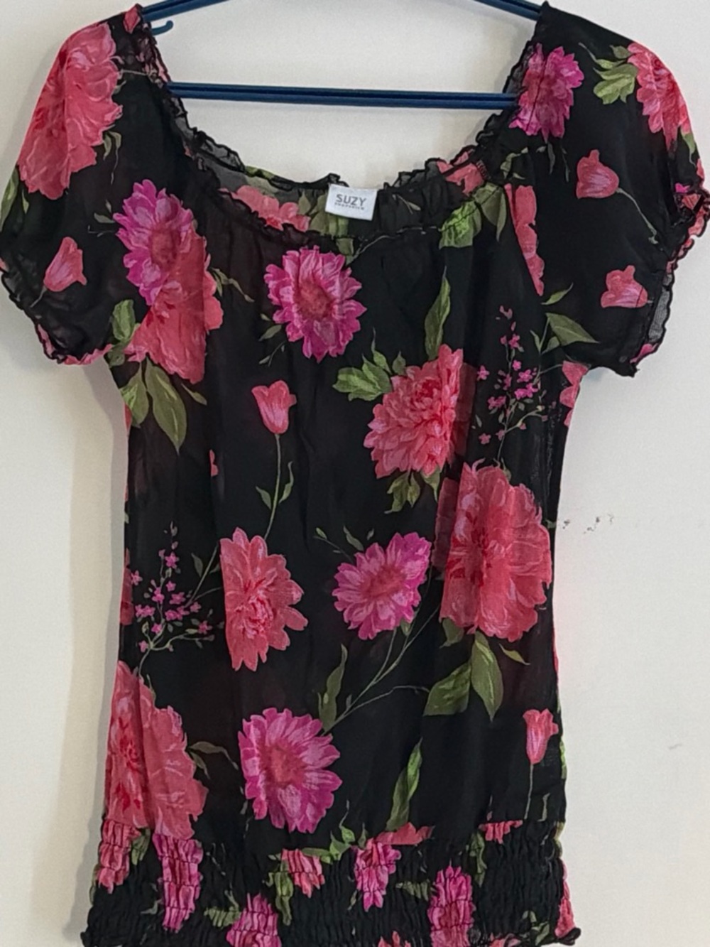Suzy Black Floral Puff-Sleeve Blouse with Pink Bloom Print